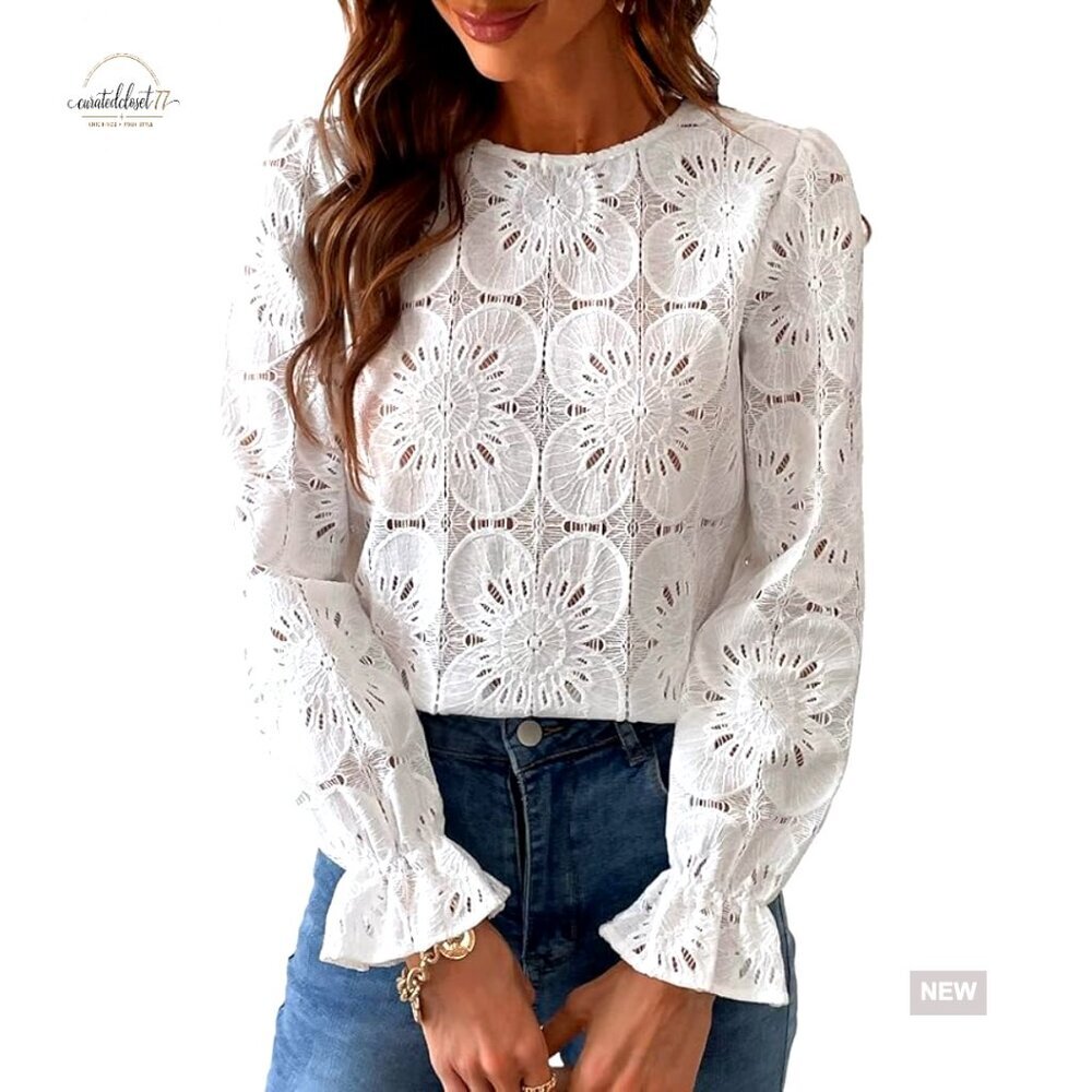 Eyelet Lace Long Sleeve Blouse, Loose Fit, Crew Neck, Peasant Top
